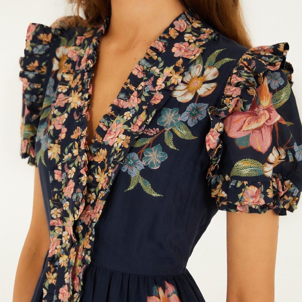 FARM Rio Navy Floral Tiered Maxi Dress with Puff Sleeves - Picture 4 of 4